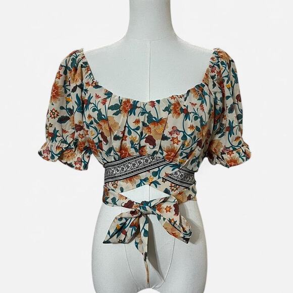 Milk & Honey Ivory, Teal & Orange Boho Floral On or Off the Shoulder Crop Top XS - Picture 3 of 6